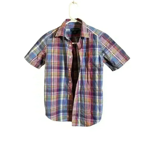 U.S. Polo Assn. Shirt Boy M (8) Blue Plaid‎ Cotton Blend Collared Short Sleeve - Picture 1 of 6